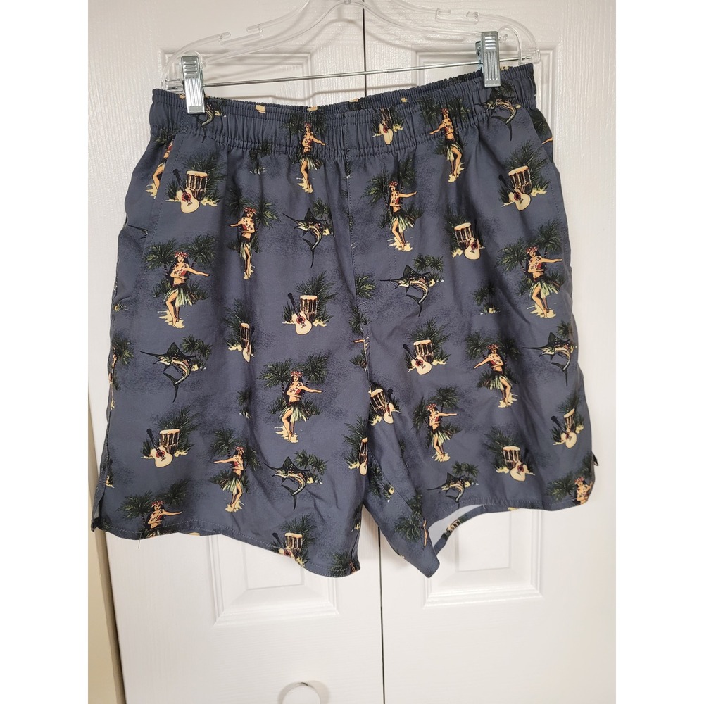 Mens Swim Trunks Gray Hawaiian Tropical Lined AFTCO Size M